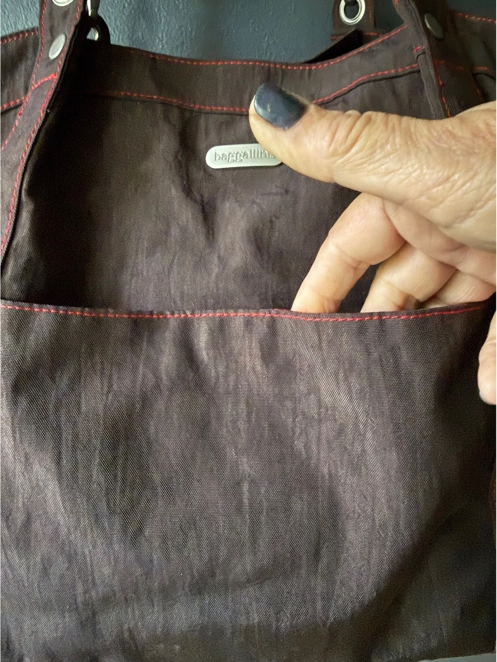 Baggallini Brown Tote Bag with Red Stitching and Front Pocket